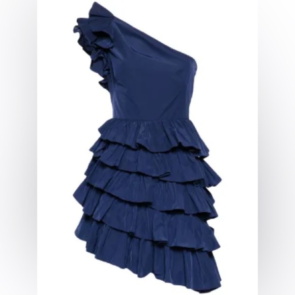 NWT MARCHESA NOTTE Elegant Navy One-Shoulder Ruffle Dress (4) - Picture 1 of 9